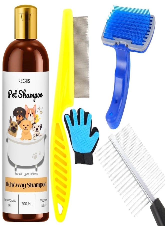Regiis Pet Grooming Kit with Itch Away Shampoo, Blue Grooming Brush, Deshedding Glove, Comb Set for Dogs, 200ml(PACK OF 5) - Image 1